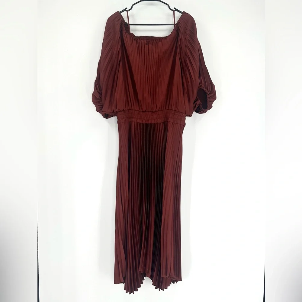 A.L.C. Sienna Satin Pleated‎ Off Shoulder Midi Dress, Red Rock, Size 8, NWOT